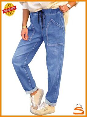 Elastic Waist Drawstring Stretch Denim Jeans with Functional Pockets
